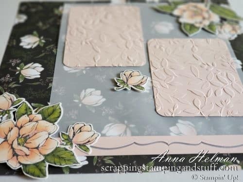 Gorgeous floral scrapbook page idea using the Stampin Up Good Morning Magnolia stamp set and Magnolia Lane designer paper