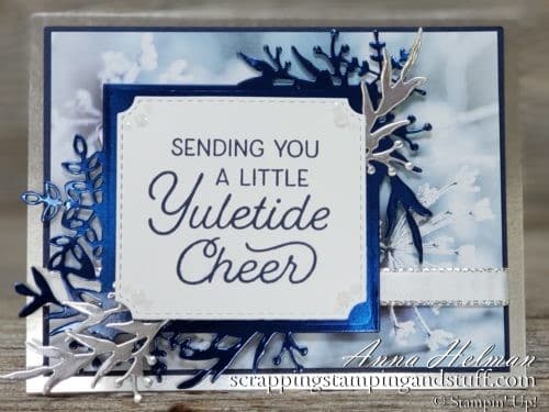 Winter or Christmas blue foil card idea using the Stampin Up Frosted Foliage stamp set bundle and Feels Like Frost designer paper