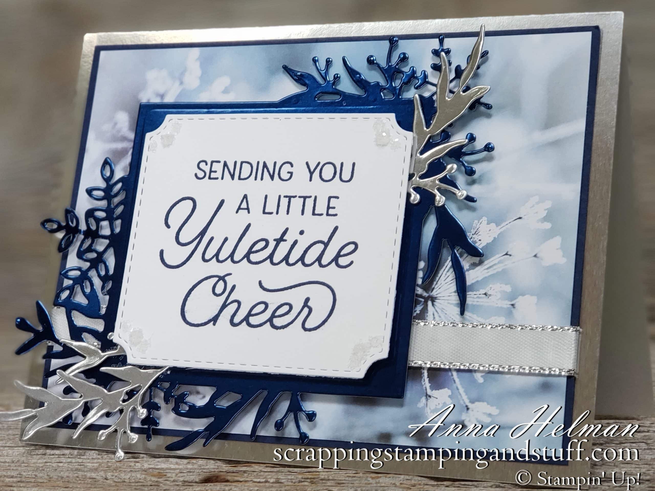 Winter or Christmas blue foil card idea using the Stampin Up Frosted Foliage stamp set bundle and Feels Like Frost designer paper