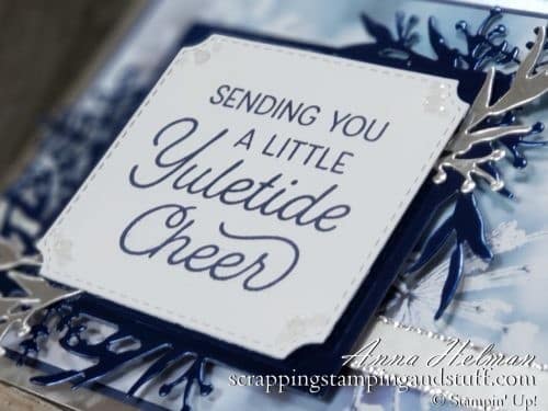 Winter or Christmas blue foil card idea using the Stampin Up Frosted Foliage stamp set bundle and Feels Like Frost designer paper