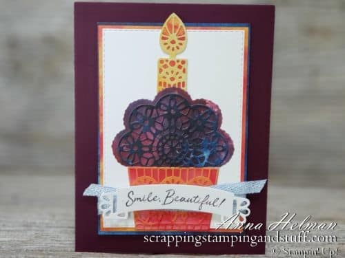 Cute cupcake card idea made with the Stampin Up Wish For It All stamp set and Doily Wishes dies. Holiday 2019-2020 Catalog handmade birthday card idea.