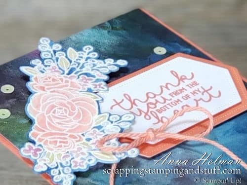 Pretty watercolored thank you card - Stampin Up Bloom and Grow card idea with Budding Blooms dies and Perennial Essence designer paper
