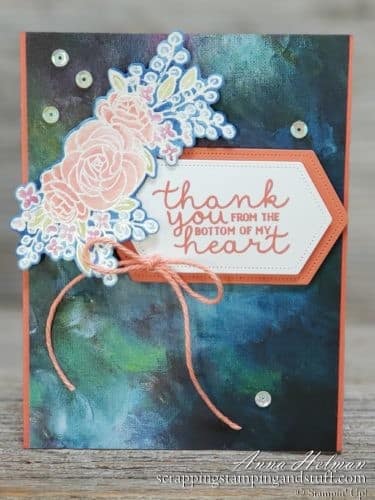 Pretty watercolored thank you card - Stampin Up Bloom and Grow card idea with Budding Blooms dies and Perennial Essence designer paper