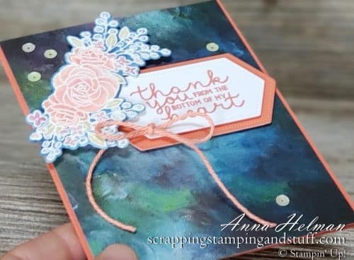 Pretty watercolored thank you card - Stampin Up Bloom and Grow card idea with Budding Blooms dies and Perennial Essence designer paper