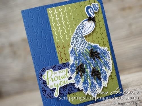 Pretty card idea made with Stampin Up Royal Peacock bundle and Noble Peacock designer paper, from the Stampin Up Annual Catalog 2019-2020