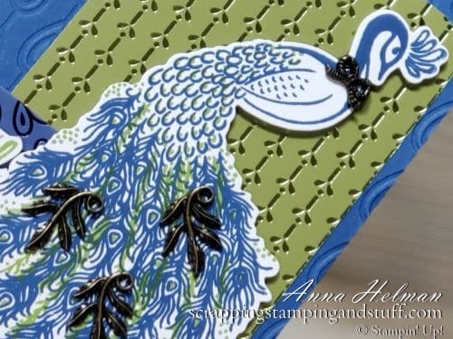 Pretty card idea made with Stampin Up Royal Peacock bundle and Noble Peacock designer paper, from the Stampin Up Annual Catalog 2019-2020