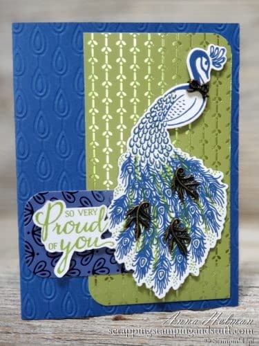 Pretty card idea made with Stampin Up Royal Peacock bundle and Noble Peacock designer paper, from the Stampin Up Annual Catalog 2019-2020