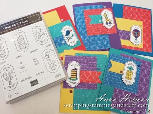 Giveaway Week!! Win the Stampin Up Time For Tags stamp set, used to make this cute card assortment. Visit blog for your chance to win!