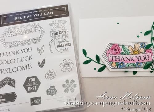 Win the Stampin Up Believe You Can stamp set during Giveaway Week!! Pretty thank you card idea from the 2019-2020 annual catalog.