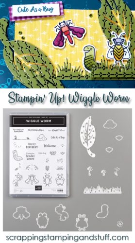 Coordinating card and scrapbook page idea using the Stampin Up SU Wiggle Worm stamp set and Wiggly Bugs dies! Adorable kids or summer scrapbook page idea.