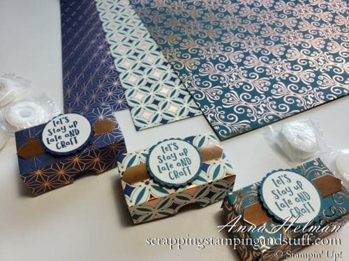 Cute mint boxes and a photo tutorial for how to make them! Feature the Stampin Up Brightly Gleaming designer series paper pack in the 2019 Holiday Catalog.