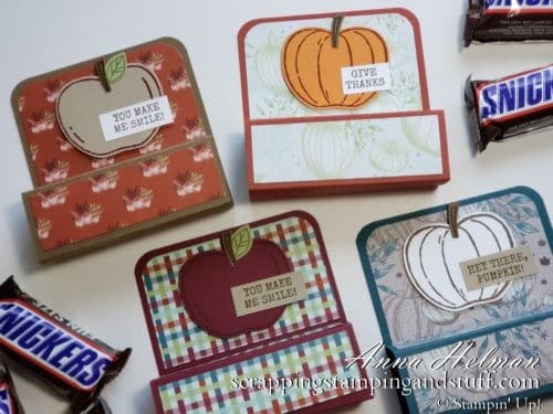 Fun Size Candy Bar Treat Holder Tutorial with the Stampin Up Harvest Hellos Stamp Set and Apple Builder Punch - perfect for DIY Halloween treats!