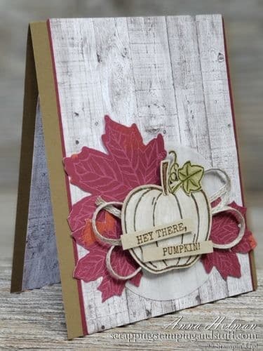 Adorable fall pumpkin card idea made with the Stampin Up Harvest Hellos stamp set and Gathered Leaves Dies, rustic, farmhouse style, 2019 Holiday Catalog