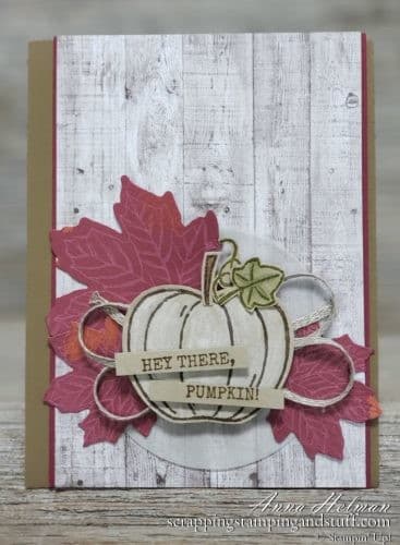 Adorable fall pumpkin card idea made with the Stampin Up Harvest Hellos stamp set and Gathered Leaves Dies, rustic, farmhouse style, 2019 Holiday Catalog