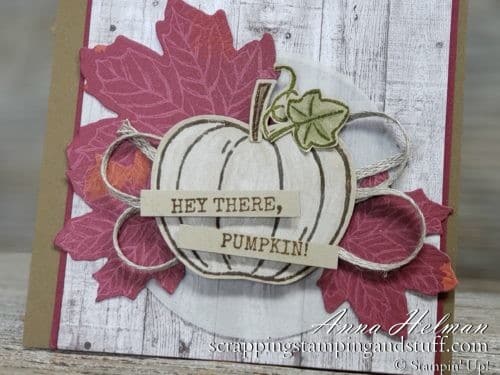 Adorable fall pumpkin card idea made with the Stampin Up Harvest Hellos stamp set and Gathered Leaves Dies, rustic, farmhouse style, 2019 Holiday Catalog