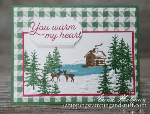 Pretty Christmas card idea with log cabin and deer, using Stampin Up Snow Front and Frosted Foliage stamp sets in the 2019 holiday catalog