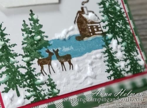 Pretty Christmas card idea with log cabin and deer, using Stampin Up Snow Front and Frosted Foliage stamp sets in the 2019 holiday catalog