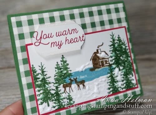 Pretty Christmas card idea with log cabin and deer, using Stampin Up Snow Front and Frosted Foliage stamp sets in the 2019 holiday catalog