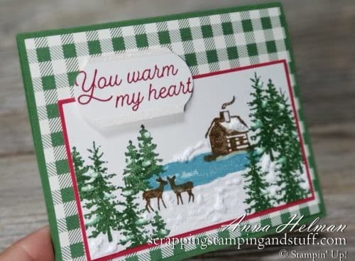 Pretty Christmas card idea with log cabin and deer, using Stampin Up Snow Front and Frosted Foliage stamp sets in the 2019 holiday catalog