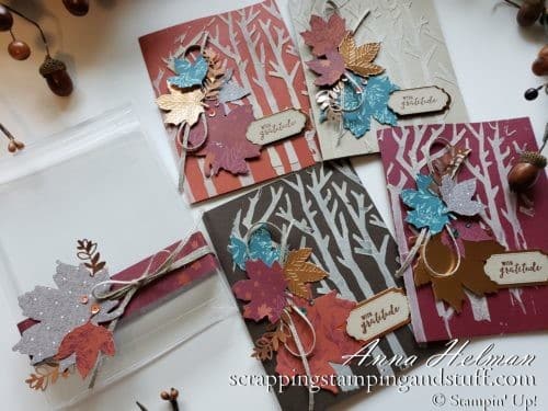 Handmade fall gratitude card idea, with woods, trees, and falling leaves. Give thanks! Great for a Thanksgiving card idea. Uses Stampin Up Gathered Leaves dies and basic pattern masks for the trees. Embossing paste technique!