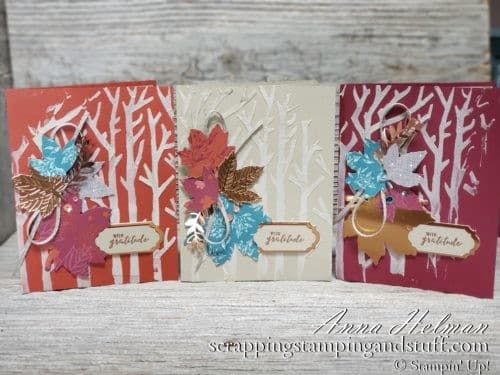 Handmade fall gratitude card idea, with woods, trees, and falling leaves. Give thanks! Great for a Thanksgiving card idea. Uses Stampin Up Gathered Leaves dies and basic pattern masks for the trees. Embossing paste technique!