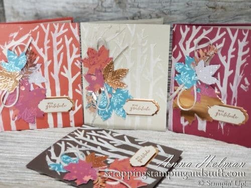 Handmade fall gratitude card idea, with woods, trees, and falling leaves. Give thanks! Great for a Thanksgiving card idea. Uses Stampin Up Gathered Leaves dies and basic pattern masks for the trees. Embossing paste technique!