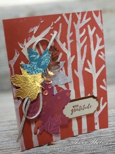 Handmade fall gratitude card idea, with woods, trees, and falling leaves. Give thanks! Great for a Thanksgiving card idea. Uses Stampin Up Gathered Leaves dies and basic pattern masks for the trees. Embossing paste technique!
