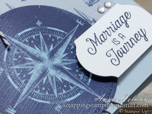 Simply stated anniversary card idea for husband using the Stampin Up Flourishing Phrases stamp set and come sail away designer paper. Compass, nautical themed, sailboats, sailing, masculine.
