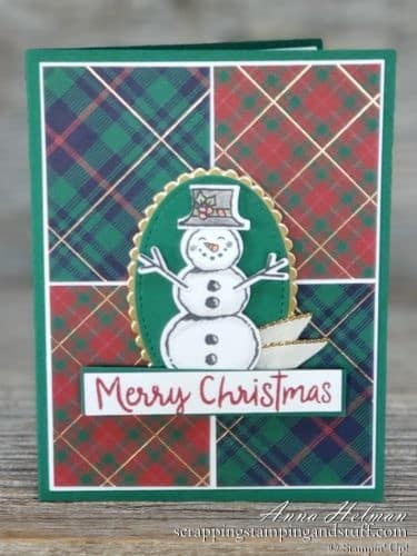 Cute snowman Christmas card idea using the Stampin Up Snowman Seasons stamp set, snowman builder punch, and Wrapped In Plaid designer paper 2019 Holiday Catalog
