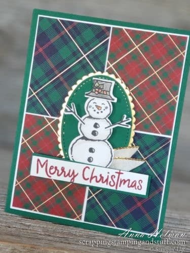 Cute snowman Christmas card idea using the Stampin Up Snowman Seasons stamp set, snowman builder punch, and Wrapped In Plaid designer paper 2019 Holiday Catalog