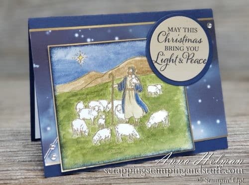 Nice religious shepherd and flock christmas Christmas card idea made with the Stampin Up Light & Peace stamp set