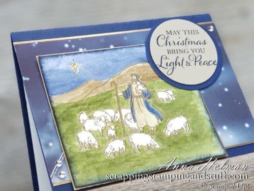 Nice religious shepherd and flock christmas Christmas card idea made with the Stampin Up Light & Peace stamp set