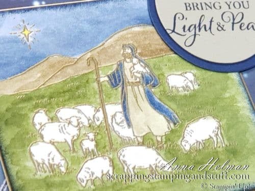 Nice religious shepherd and flock christmas Christmas card idea made with the Stampin Up Light & Peace stamp set