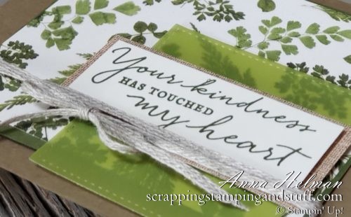 Rustic, farmhouse kindness card idea with ferns, burlap and twine! Stampin Up Pressed Petals and Path of Petals stamp set in the 2019-2020 annual catalog.