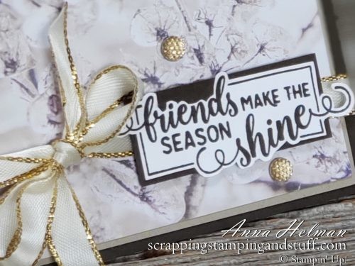 Nontraditional gold and brown holiday card idea using Stampin Up Making Christmas Bright stamp set and Feels Like Frost designer paper. Clean and simple, quick and easy, gorgeous! 2019 Holiday Catalog