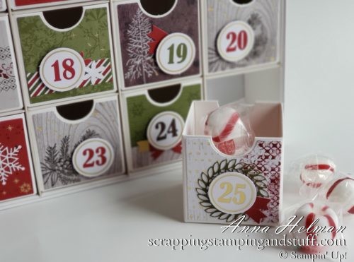 This DIY advent calendar kit is the best!! It's so easy to put together and so cute! Stampin Up Christmas Countdown Project Kit