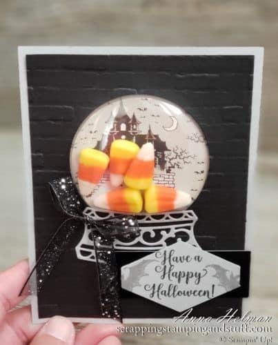 Stampin Up Snow Globe Treat Holder! Adorable Halloween card and candy corn treat holder using the Stampin Up Snow Globes Scenes Dies and clear plastic domes! Cute DIY Halloween Treats