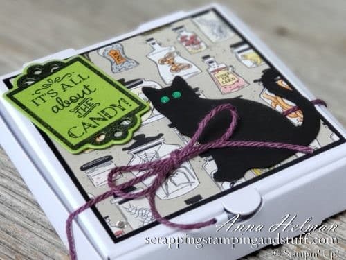 DIY Halloween Treat Box, Mini Pizza Box, Decorated Cookie Box Treat Holder made with the Stampin Up Monster Bash designer paper, Tags Tags Tags Bundle and Cat Punch