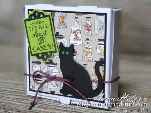 DIY Halloween Treat Box, Mini Pizza Box, Decorated Cookie Box Treat Holder made with the Stampin Up Monster Bash designer paper, Tags Tags Tags Bundle and Cat Punch