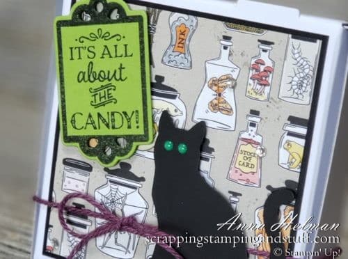 DIY Halloween Treat Box, Mini Pizza Box, Decorated Cookie Box Treat Holder made with the Stampin Up Monster Bash designer paper, Tags Tags Tags Bundle and Cat Punch