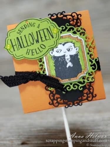 DIY Halloween Treats Week! Decorated sucker pop treat holder with photo tutorial! So easy to put together with Stampin Up Tags Tags Tags bundle and the Spooktacular Bash stamp set