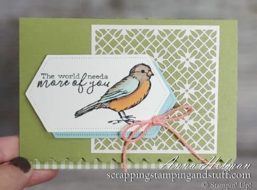 Pretty bird card idea using the Stampin Up Free As a Bird stamp set, shimmer laser cut paper and scalloped notecards! Use for any occasion! Thank you, friendship, just because, hello, birthday card ideas!