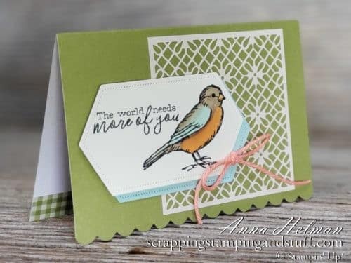 Pretty bird card idea using the Stampin Up Free As a Bird stamp set, shimmer laser cut paper and scalloped notecards! Use for any occasion! Thank you, friendship, just because, hello, birthday card ideas!