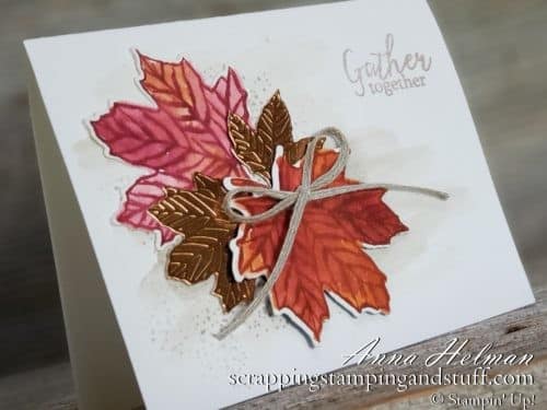 Fall harvest Thanksgiving card idea made using the Stampin Up Gather Together stamp set, a watercolor leaves technique, and background watercolor wash.