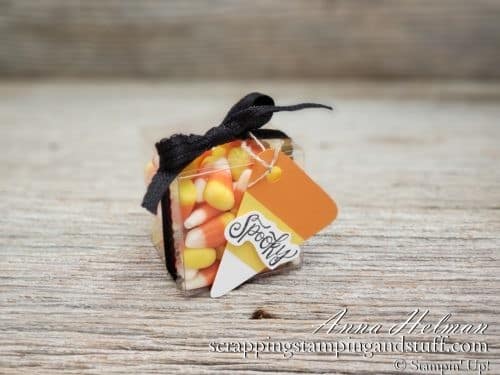 Quick and easy Halloween treats using clear tiny treat boxes filled with candy corn! Uses Stampin Up Spooktacular Bash stamp set for these adorable treat holders.