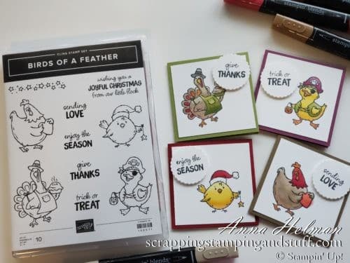 Cutest stamp set! Stampin Up Birds of a Feather has a turkey, chicken, duck and chick dressed up for Halloween, Thanksgiving, Christmas, and Valentine's Day!