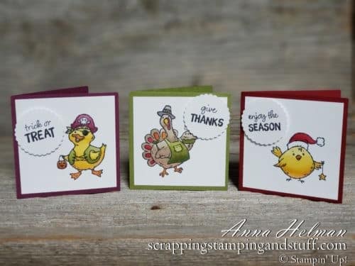 Cutest stamp set! Stampin Up Birds of a Feather has a turkey, chicken, duck and chick dressed up for Halloween, Thanksgiving, Christmas, and Valentine's Day!