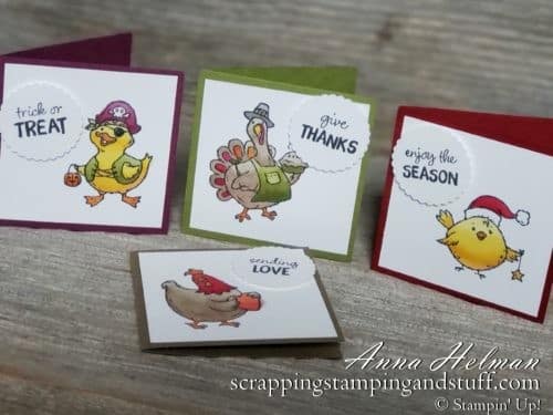 Cutest stamp set! Stampin Up Birds of a Feather has a turkey, chicken, duck and chick dressed up for Halloween, Thanksgiving, Christmas, and Valentine's Day!