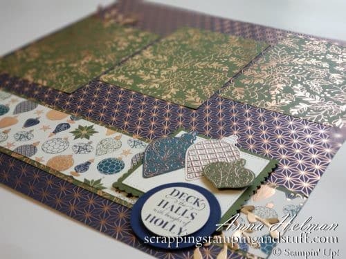 Lovely and elegant, navy and bronze Christmas scrapbook page idea using the Stampin Up Christmas Gleaming stamp set and ornament punch bundle