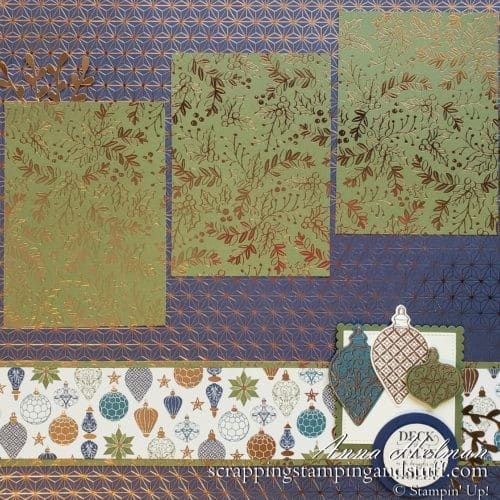 Lovely and elegant, navy and bronze Christmas scrapbook page idea using the Stampin Up Christmas Gleaming stamp set and ornament punch bundle